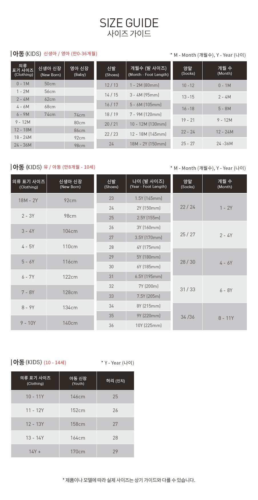 아동 사이즈 조견표